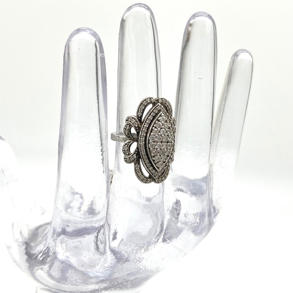 Ornate Marquee Ring Cubic Zirconia Pave Sterling Silver Statement Cocktail Ring - Picture 5 of 12